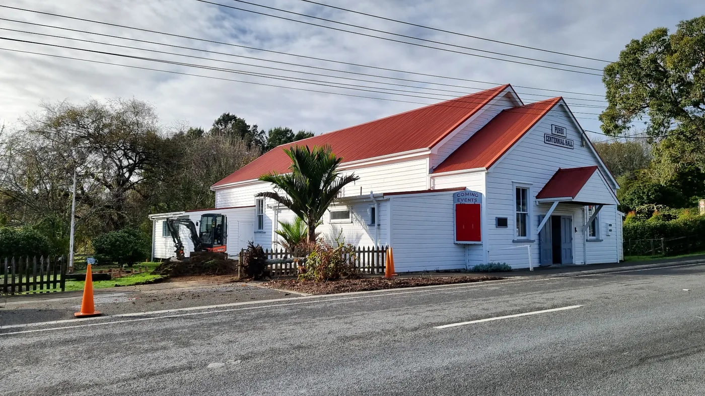Puhoi Centennial Hall, a historic Auckland community hall, during Artizen's outdoor area upgrade