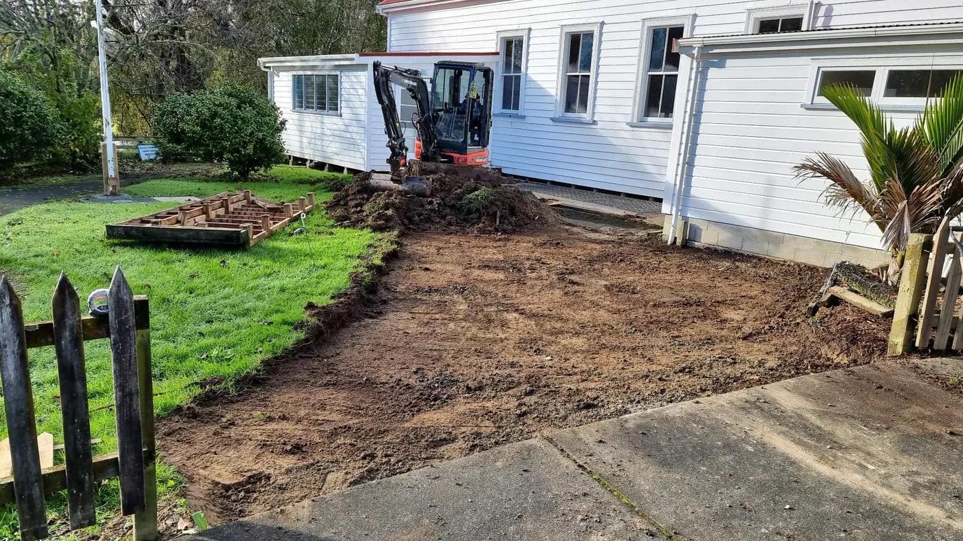 Excavated and prepared base for the new outdoor area beside Puhoi Centennial Hall